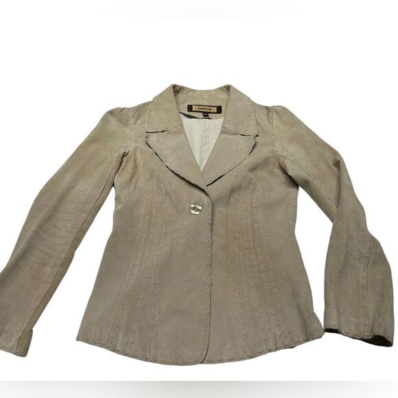 Bebe Genuine  Leather Suede Jacket Button Blazer Coat Collar Tan Cream Neutral - Picture 2 of 11